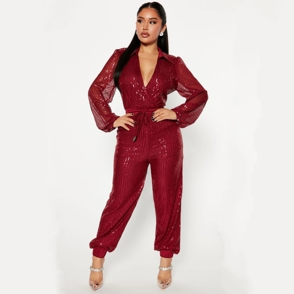 FashionNova Deep Red Wrap Front Collared Fully Sequin Long Sleeve Jumpsuit- sz S - Picture 1 of 13